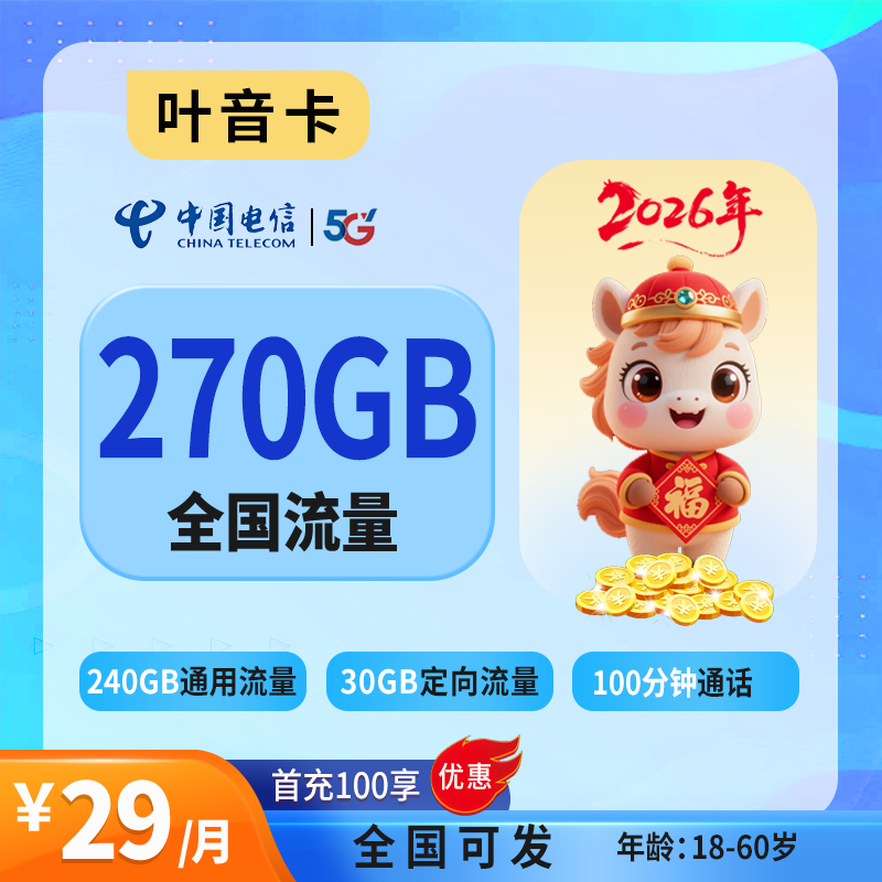 2026电信叶音卡｜29元月享270G（240G通用+30G定向）+100分钟｜首月免费｜长期可续｜全国可发1.png