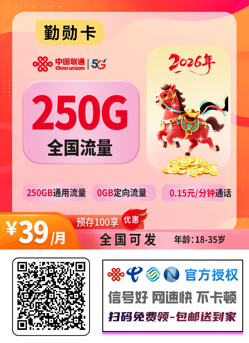 2026联通勤勋卡｜39元月享250G纯通用｜流量可结转｜全国无禁区1.png