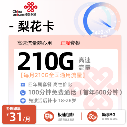 2026联通梨花卡｜31元月享210G通用+600分钟+会员｜四年套餐｜需NFC安卓手机先激活后补卡｜18-26岁1.png